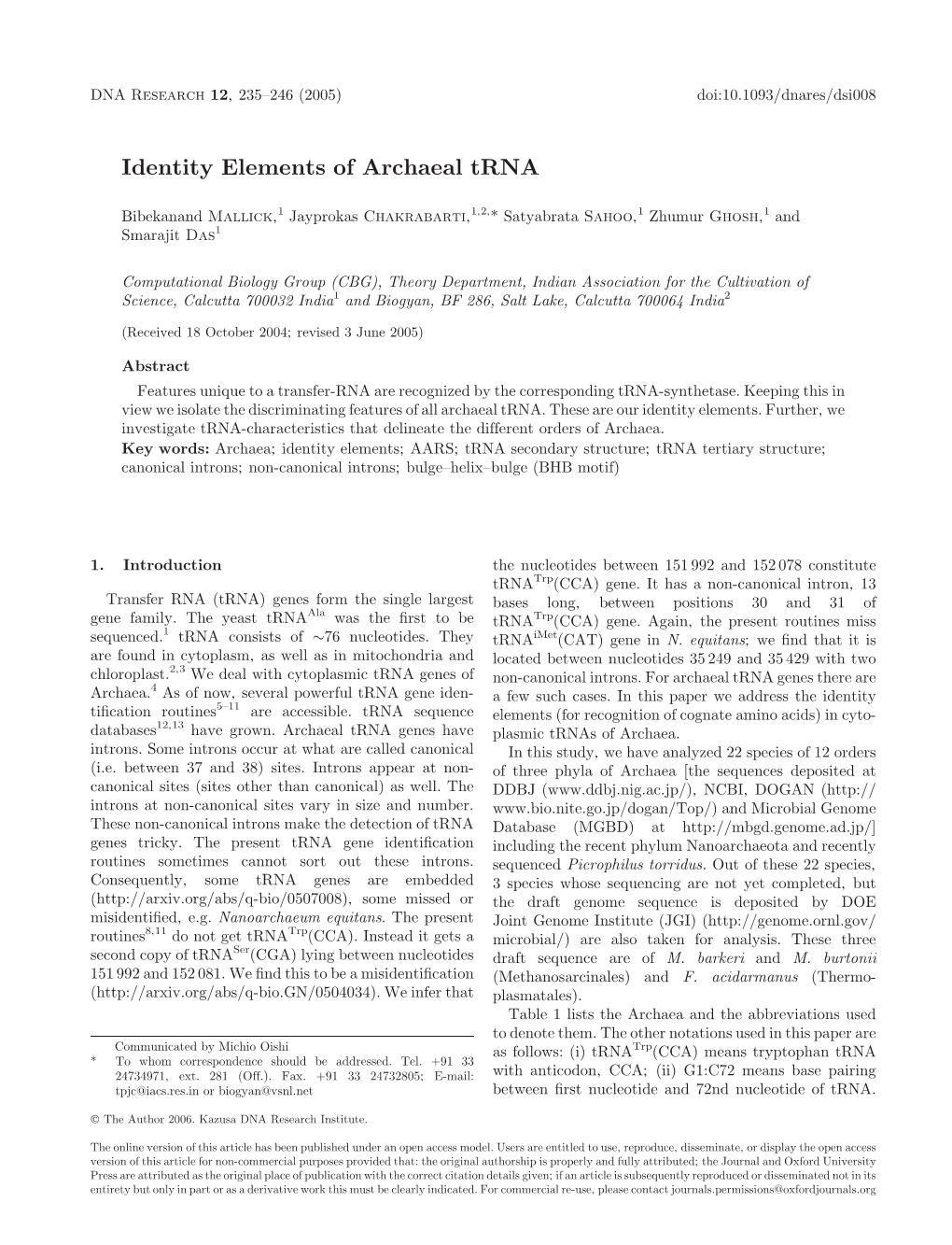 Identity Elements of Archaeal Trna