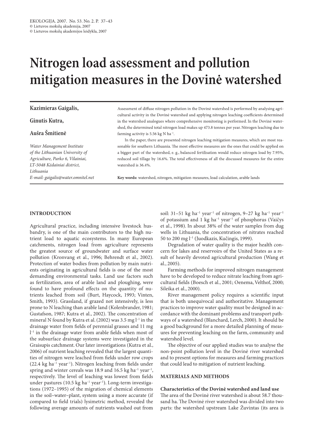 Nitrogen Load Assessment and Pollution Mitigation Measures in the Dovinė Watershed