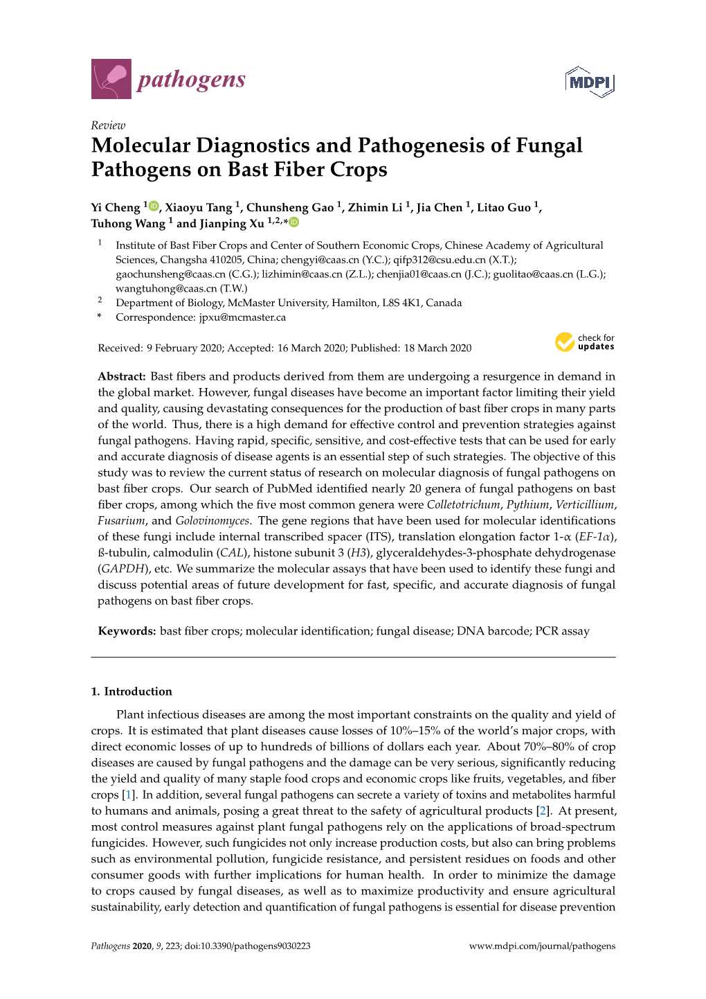 Molecular Diagnostics and Pathogenesis of Fungal Pathogens on Bast Fiber Crops