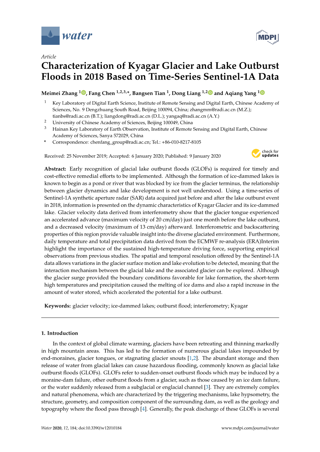 Characterization of Kyagar Glacier and Lake Outburst Floods in 2018 Based on Time-Series Sentinel-1A Data