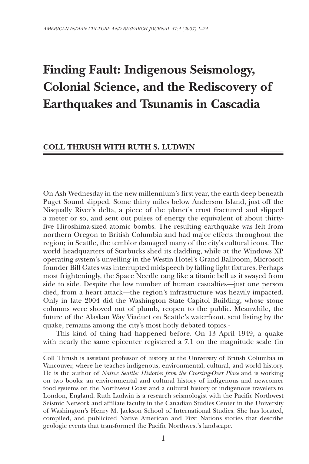 Finding Fault: Indigenous Seismology, Colonial Science, and the Rediscovery of Earthquakes and Tsunamis in Cascadia