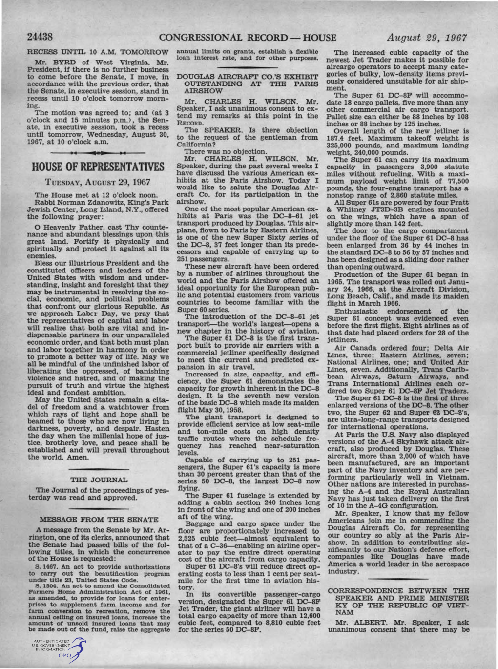 HOUSE of REPRESENTATIVES Speaker, During the Past Several Weeks I Capacity in Passengers 3,900 Statute Have Discussd the Various American Ex­ Miles Without Refueling