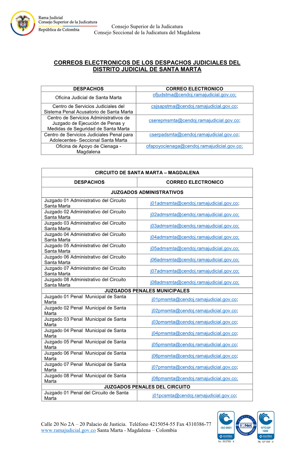 Correos Electronicos De Los Despachos Judiciales Del Distrito Judicial De Santa Marta