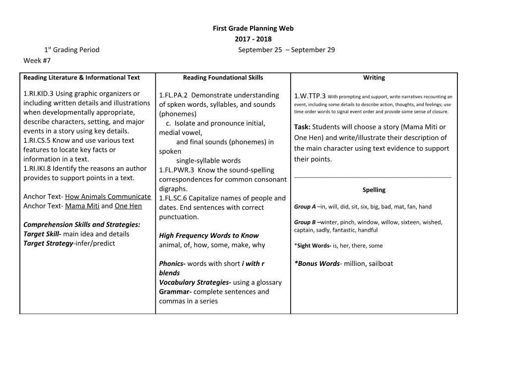 First Grade Planning Web