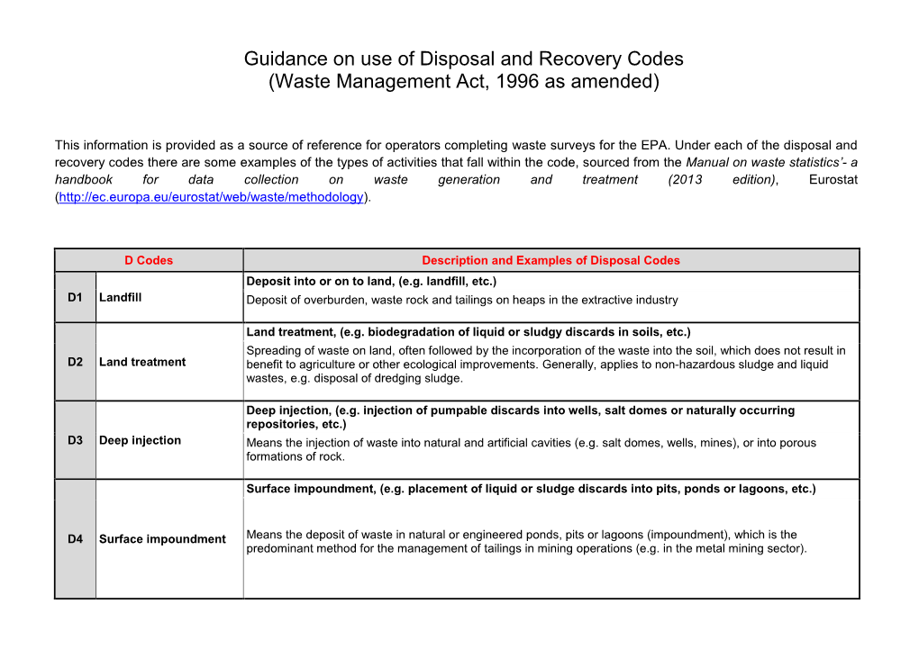 Guidance on Use of Disposal and Recovery Codes (Waste Management Act, 1996 As Amended)