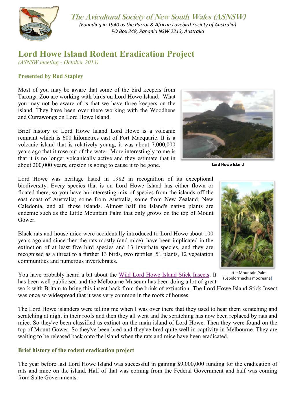 Lord Howe Island Rodent Eradication Project (ASNSW Meeting - October 2013)
