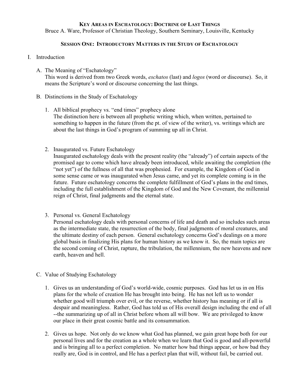 01 Eschatology, Introduction, Handout