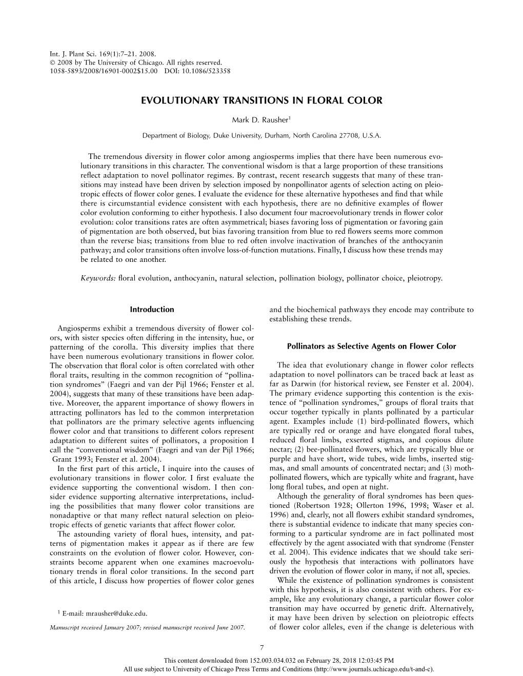 Evolutionary Transitions in Floral Color