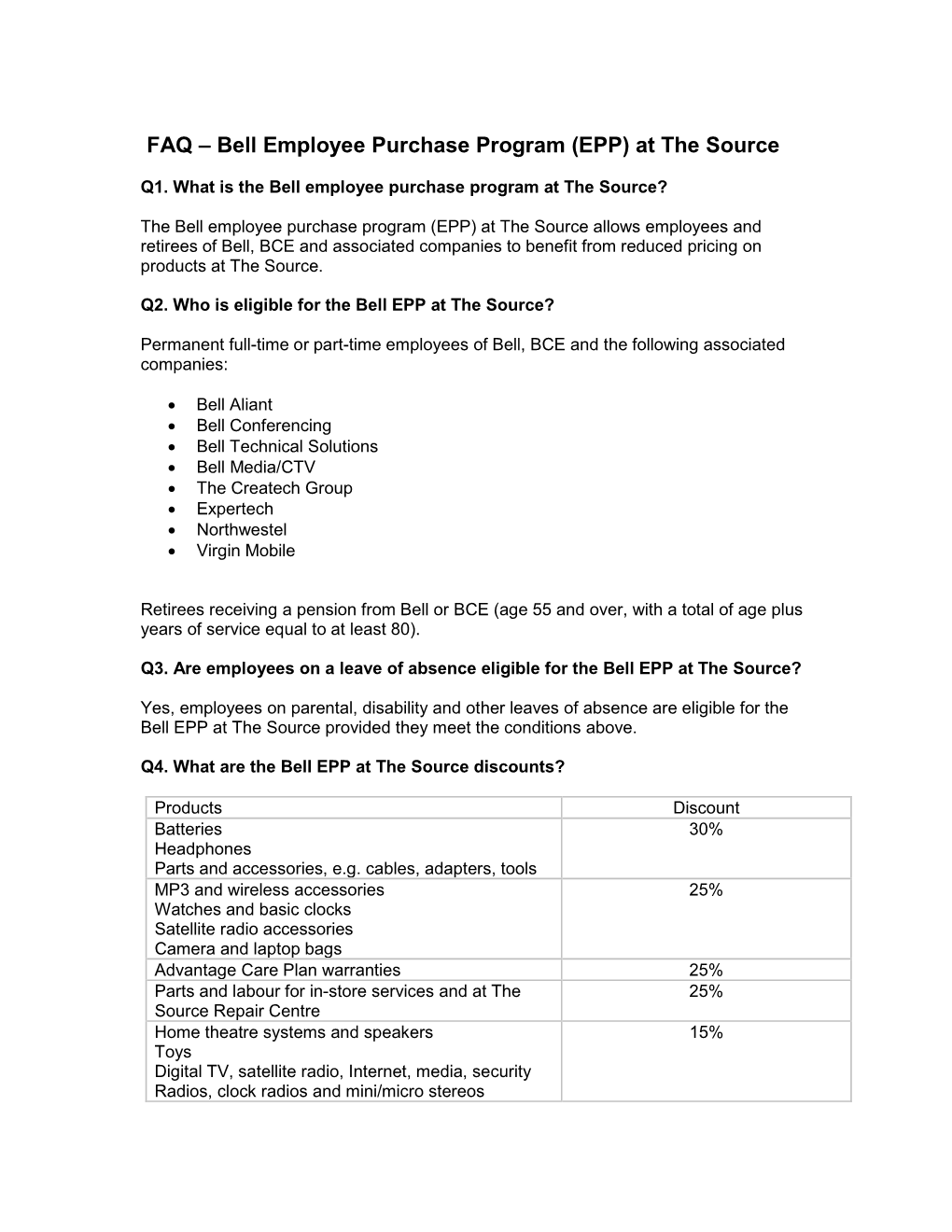 FAQ – Bell Employee Purchase Program (EPP) at the Source