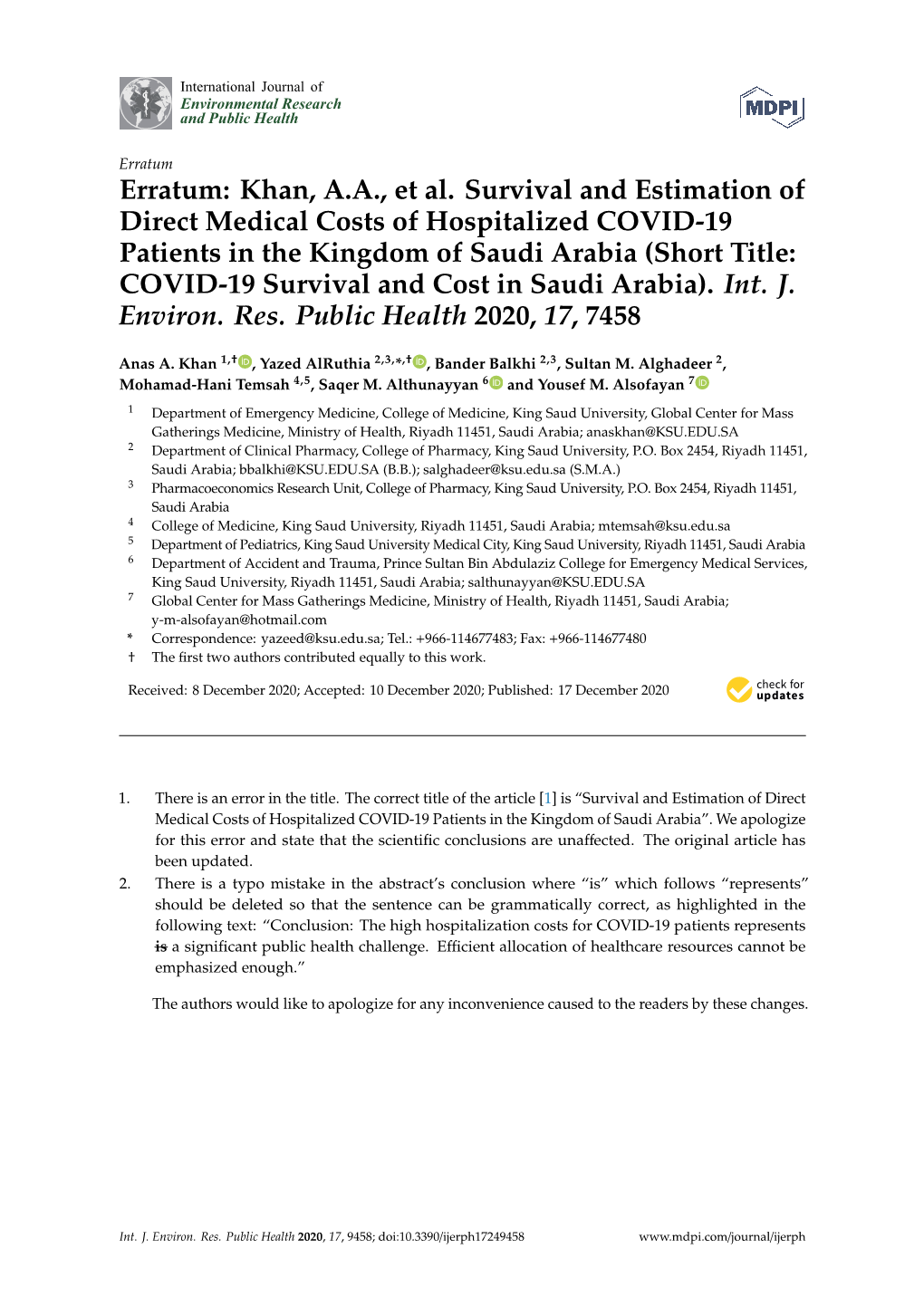 Erratum: Khan, A.A., Et Al. Survival and Estimation of Direct Medical Costs