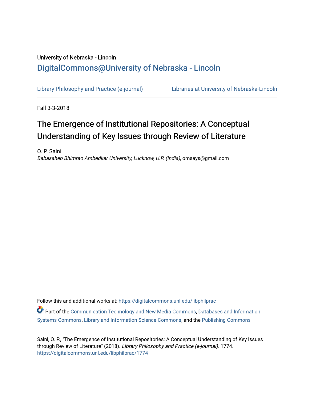 The Emergence of Institutional Repositories: a Conceptual Understanding of Key Issues Through Review of Literature