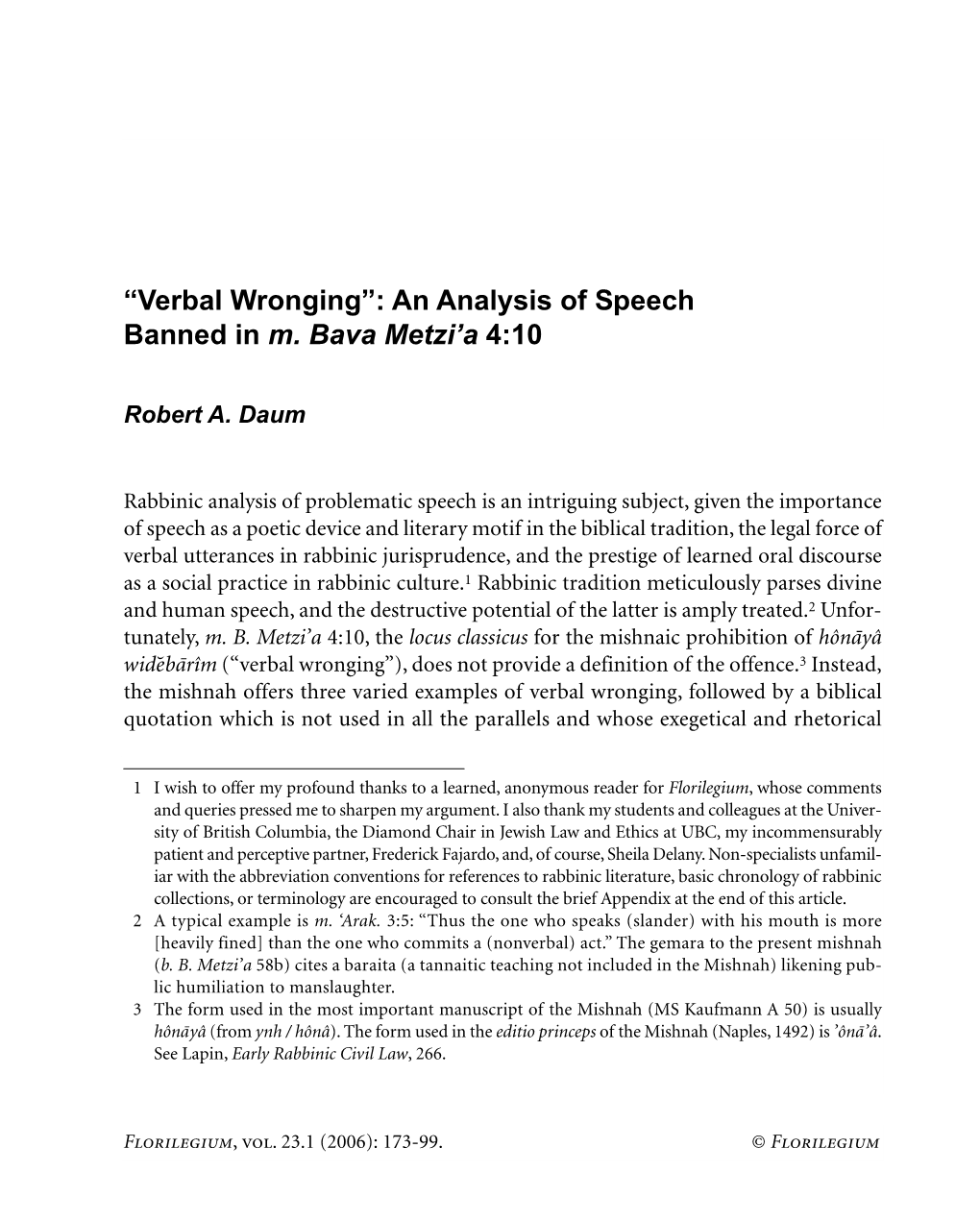“Verbal Wronging”: an Analysis of Speech Banned in M. Bava Metzi'a