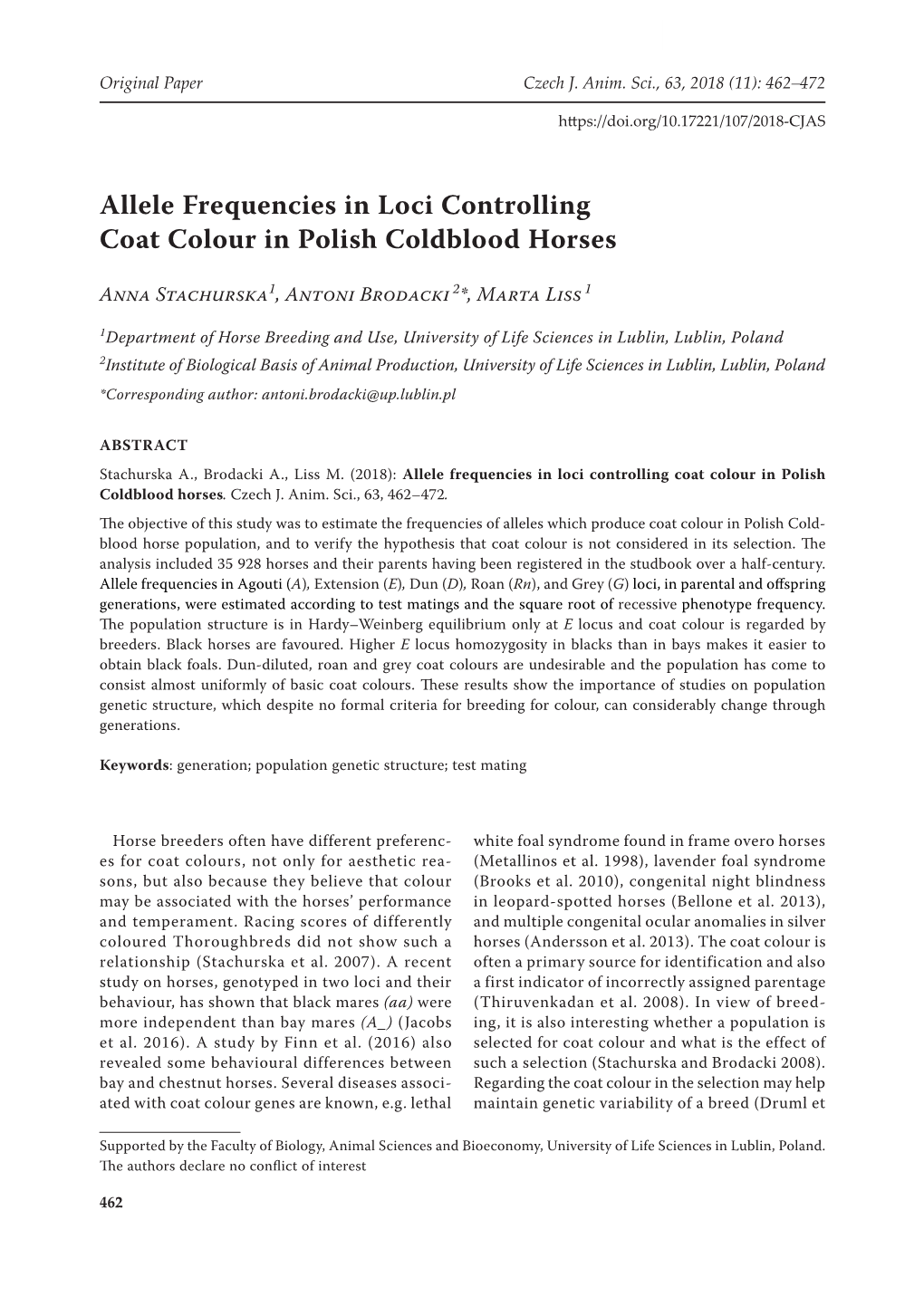 Allele Frequencies in Loci Controlling Coat Colour in Polish Coldblood Horses
