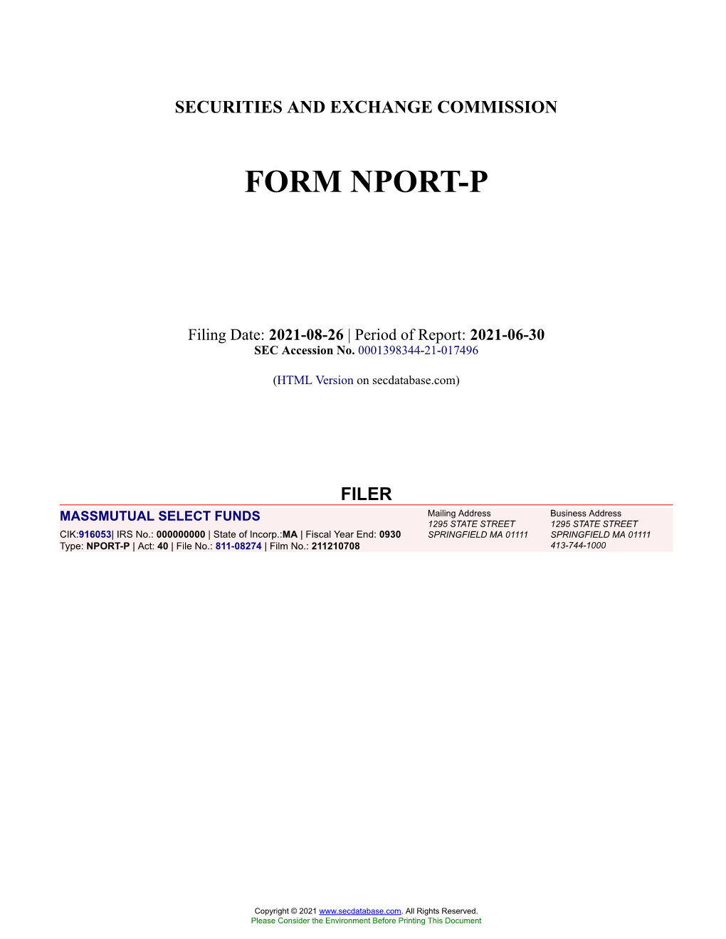 MASSMUTUAL SELECT FUNDS Form NPORT-P Filed 2021-08-26