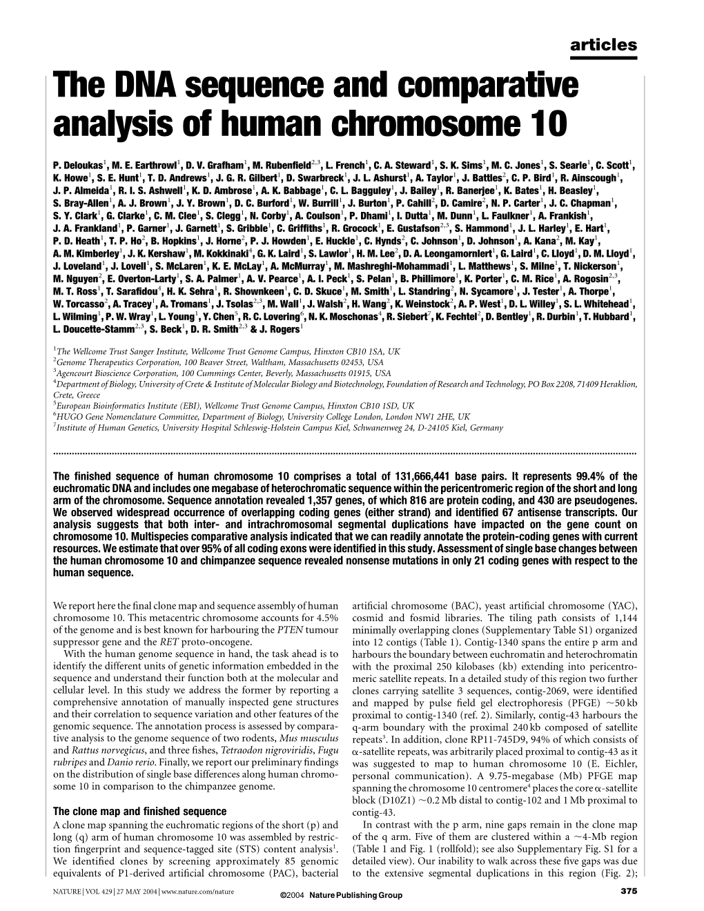 The DNA Sequence and Comparative Analysis of Human Chromosome 10