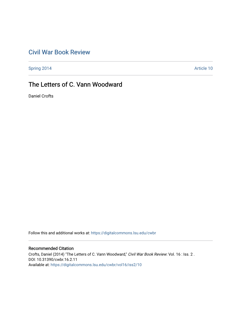 The Letters of C. Vann Woodward