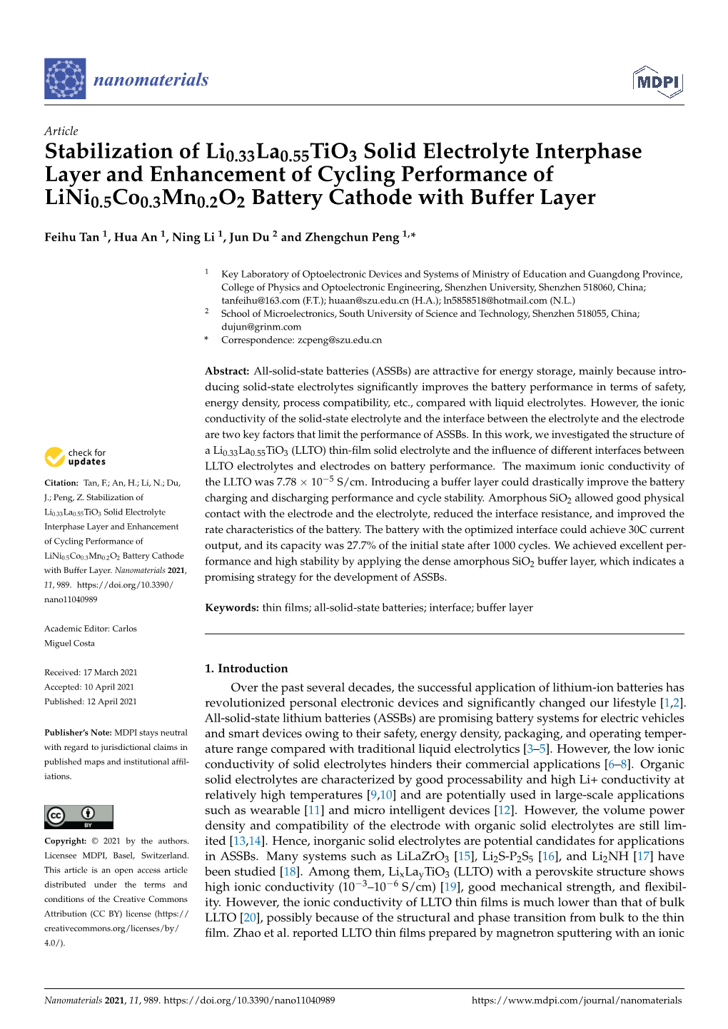 Stabilization of Li0.33La0.55Tio3 Solid Electrolyte Interphase Layer and Enhancement of Cycling Performance of Lini0.5Co0.3Mn0.2O2 Battery Cathode with Buffer Layer