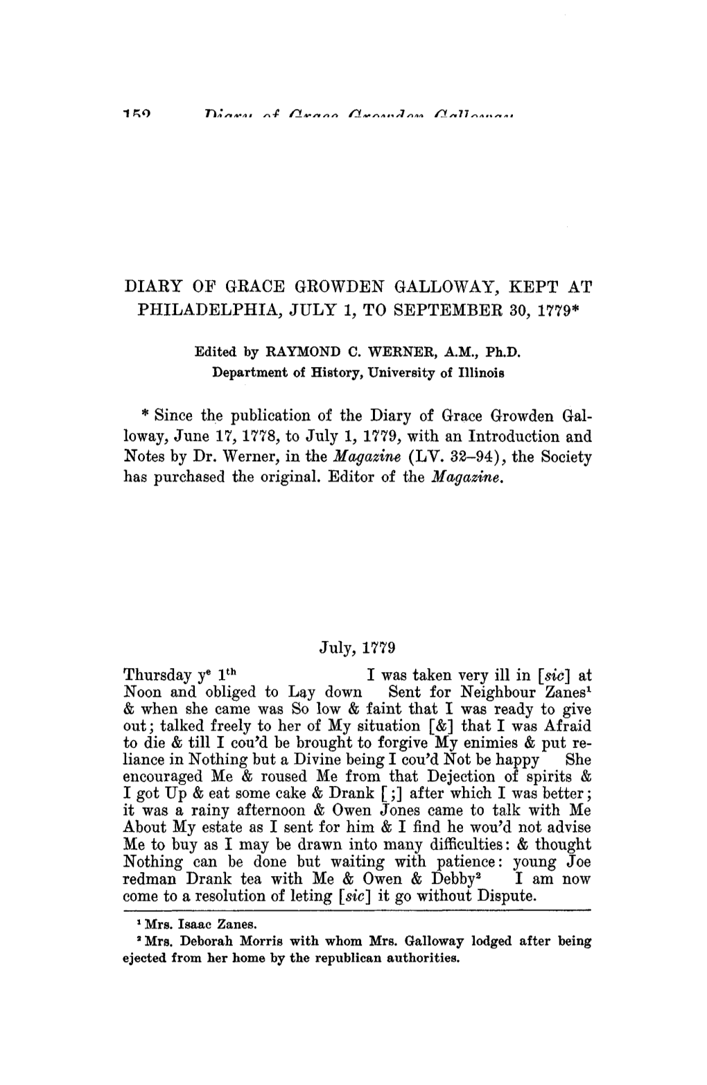 Diary of Grace Gkowden Galloway, Kept at Philadelphia, July 1, to September 30, 1779*