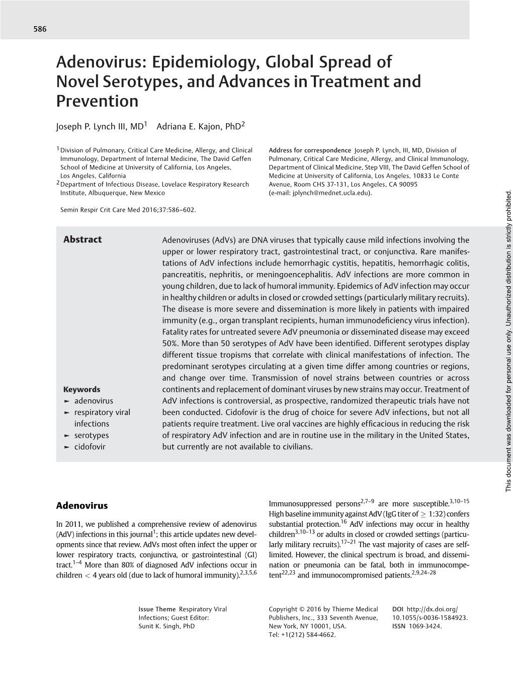 Adenovirus: Epidemiology, Global Spread of Novel Serotypes, and Advances in Treatment and Prevention