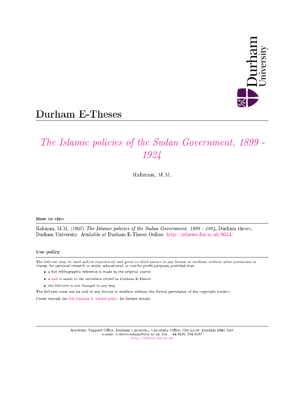 The Islamic Policies of the Sudan Government, 1899 - 1924