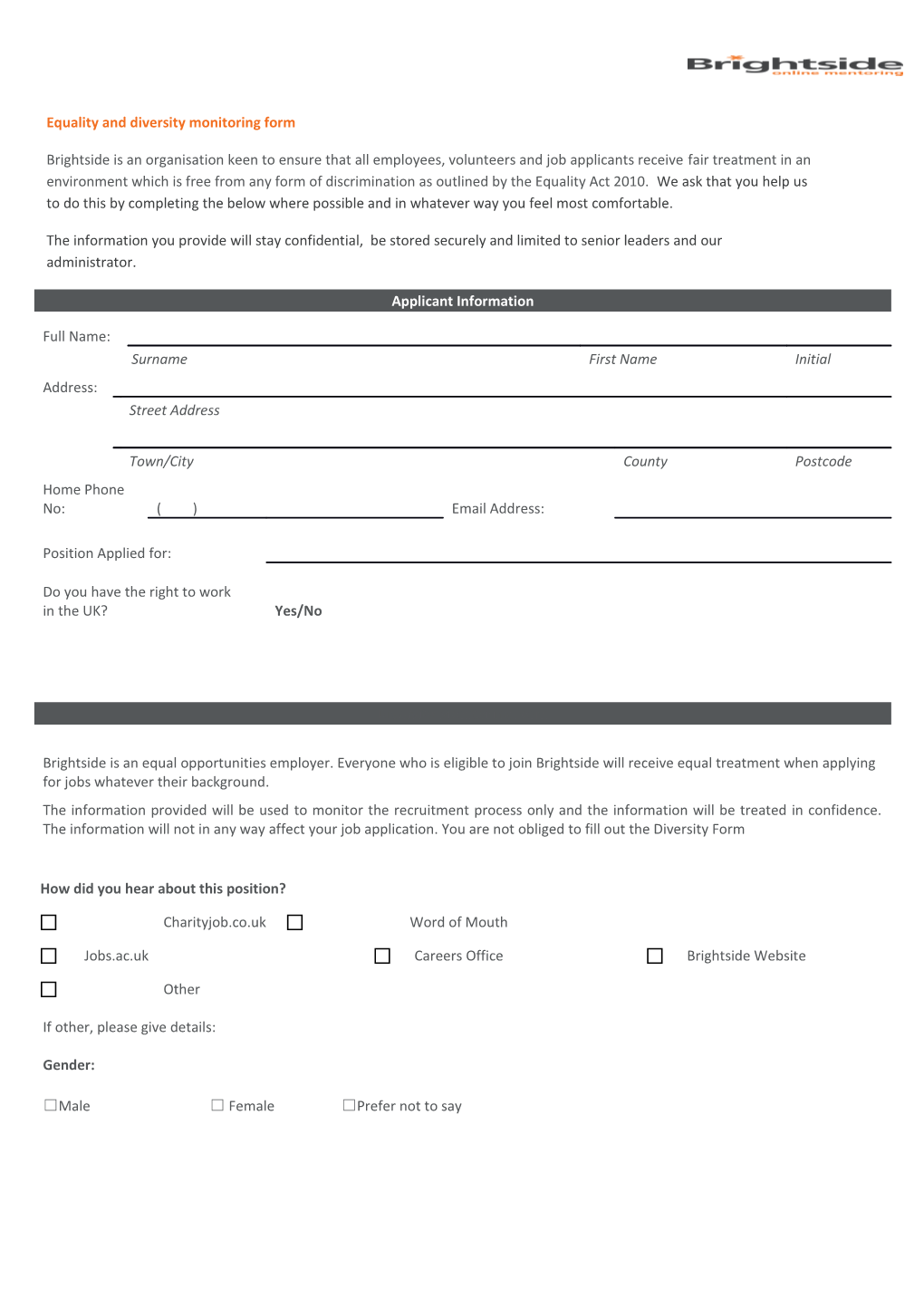 Equality and Diversity Monitoring Form