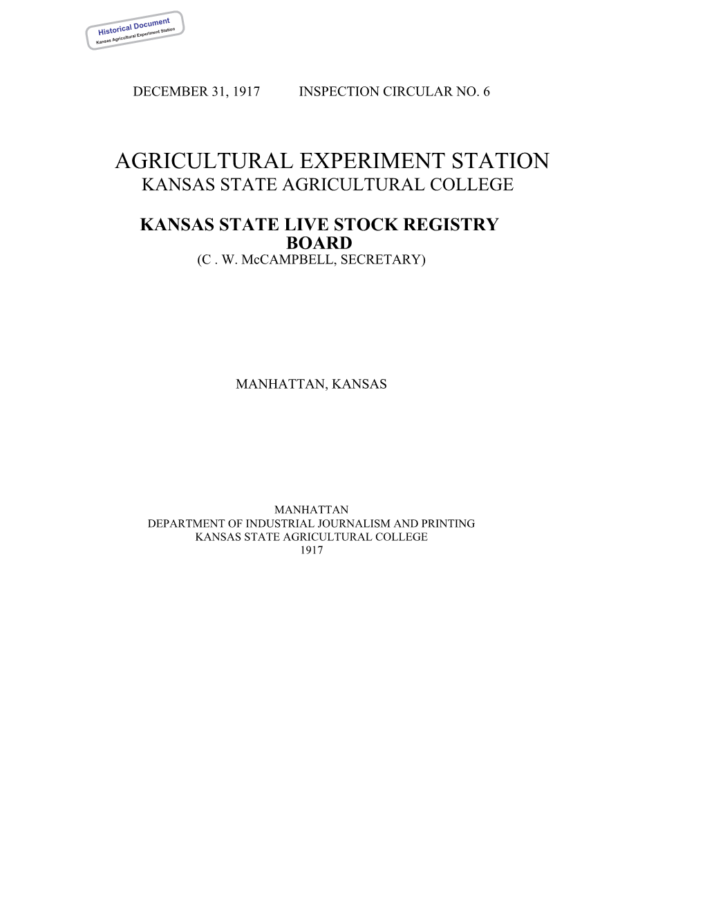 SIC06 1917 Kansas Live Stock Registry Board