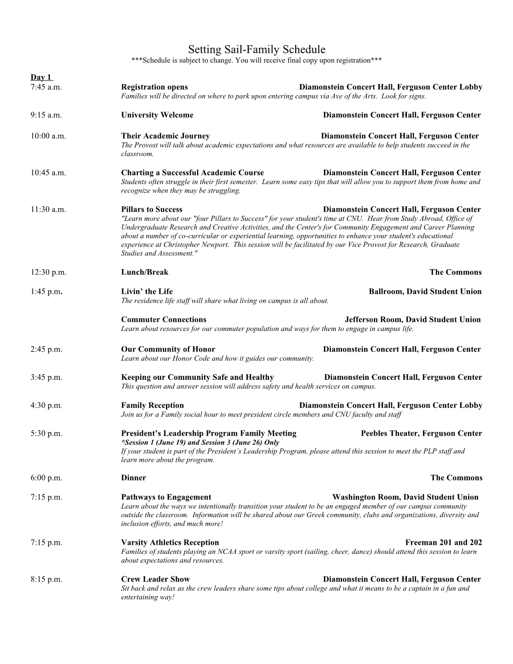 Setting Sail 2011- Student Schedule