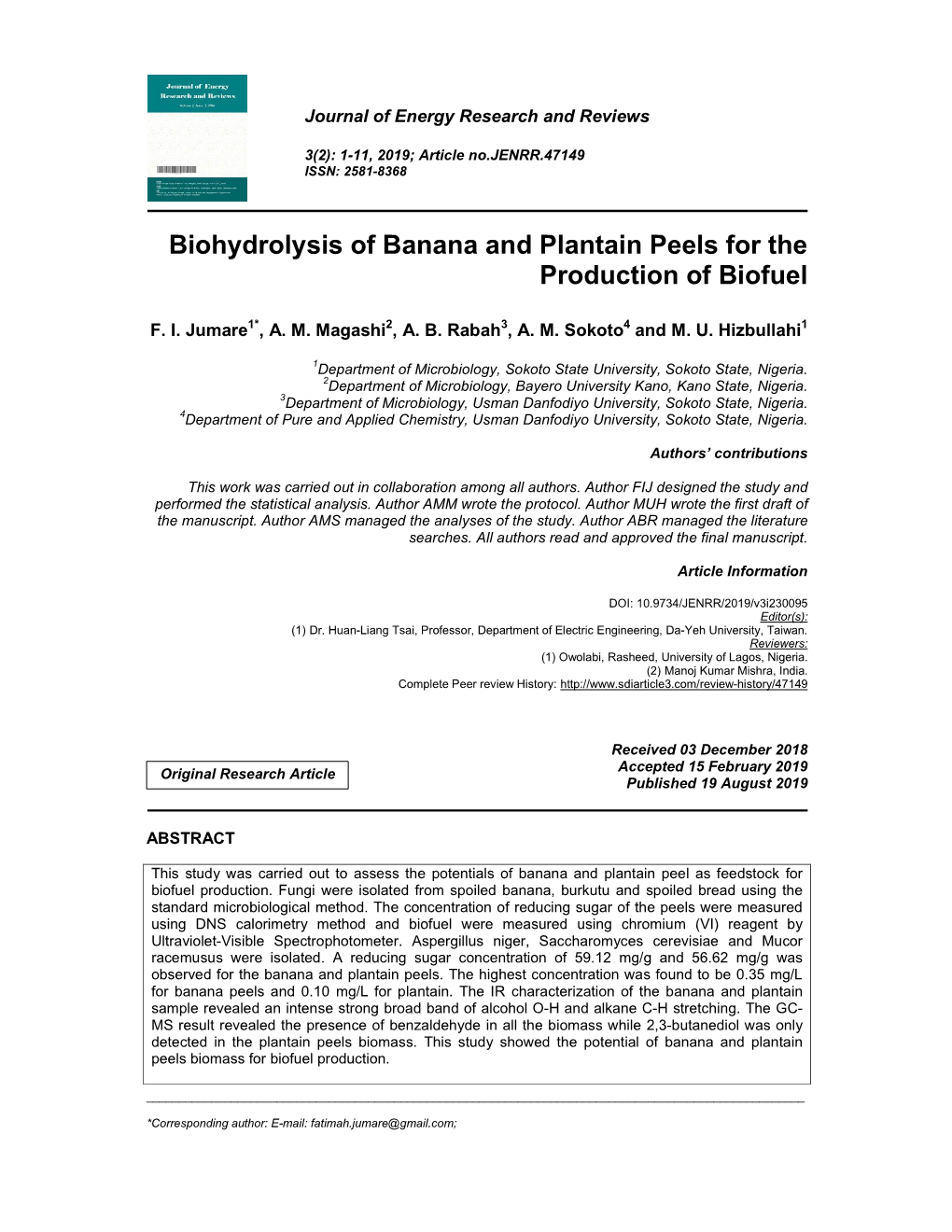 Biohydrolysis of Banana and Plantain Peels for the Production of Biofuel