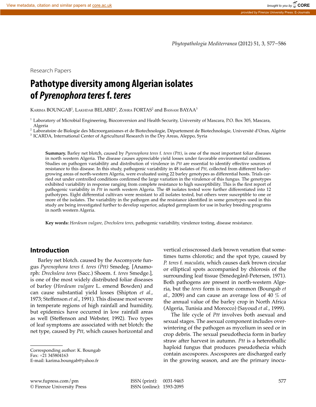 Pathotype Diversity Among Algerian Isolates of Pyrenophora Teresf. Teres