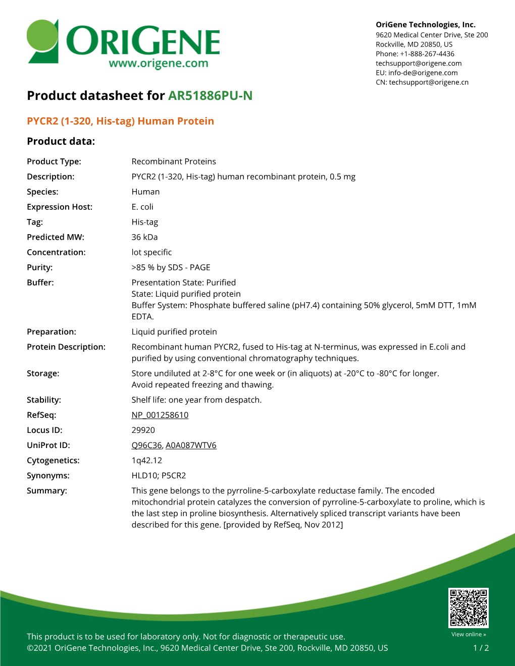 PYCR2 (1-320, His-Tag) Human Protein – AR51886PU-N | Origene