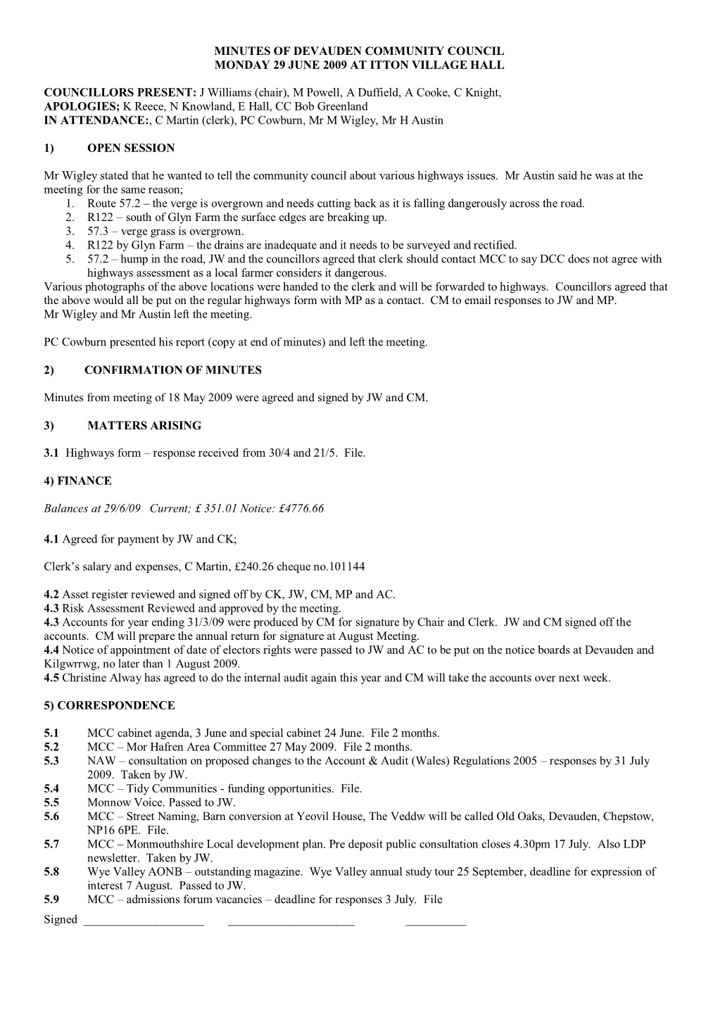 Minutes of Devauden Community Council Monday 29 June 2009 at Itton Village Hall