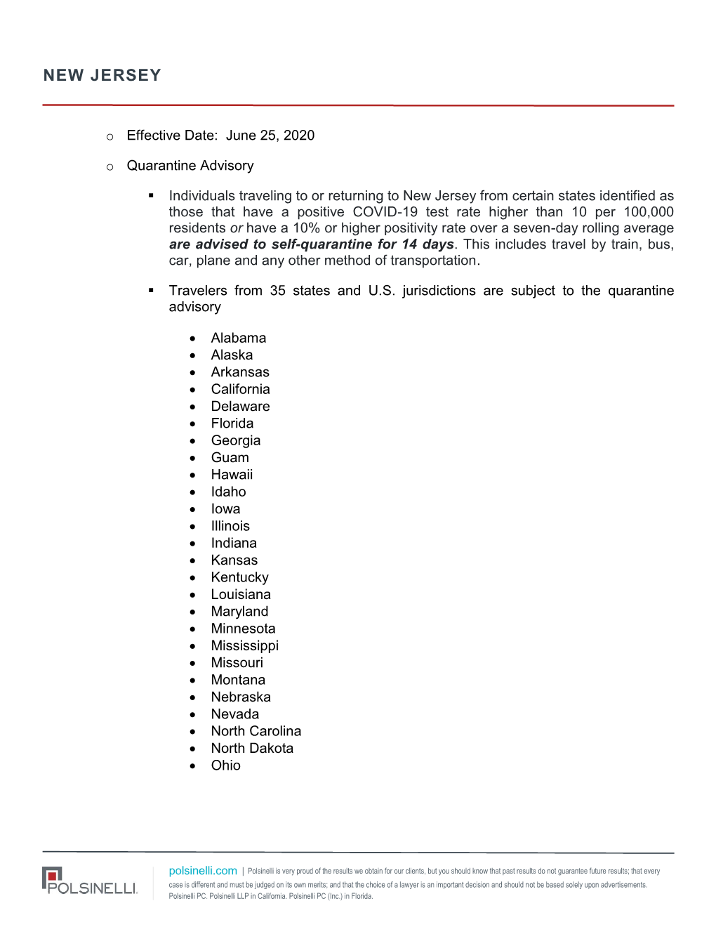 June 25, 2020 O Quarantine Advisory Individuals Traveling to Or Returning to New Jersey from Certain States Identified As