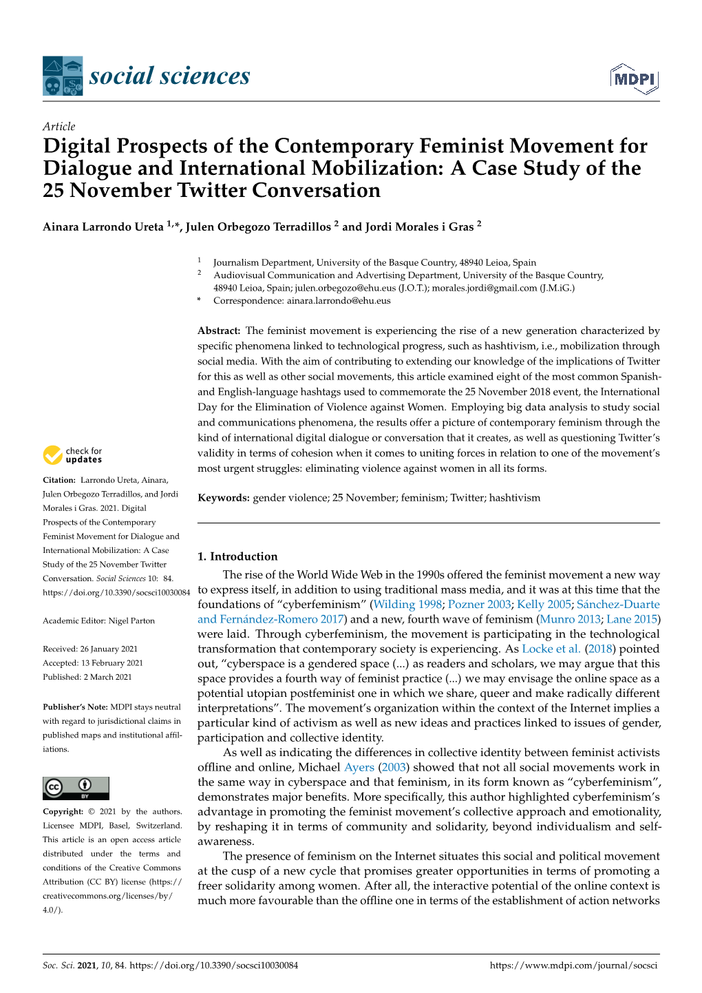 Digital Prospects of the Contemporary Feminist Movement for Dialogue and International Mobilization: a Case Study of the 25 November Twitter Conversation