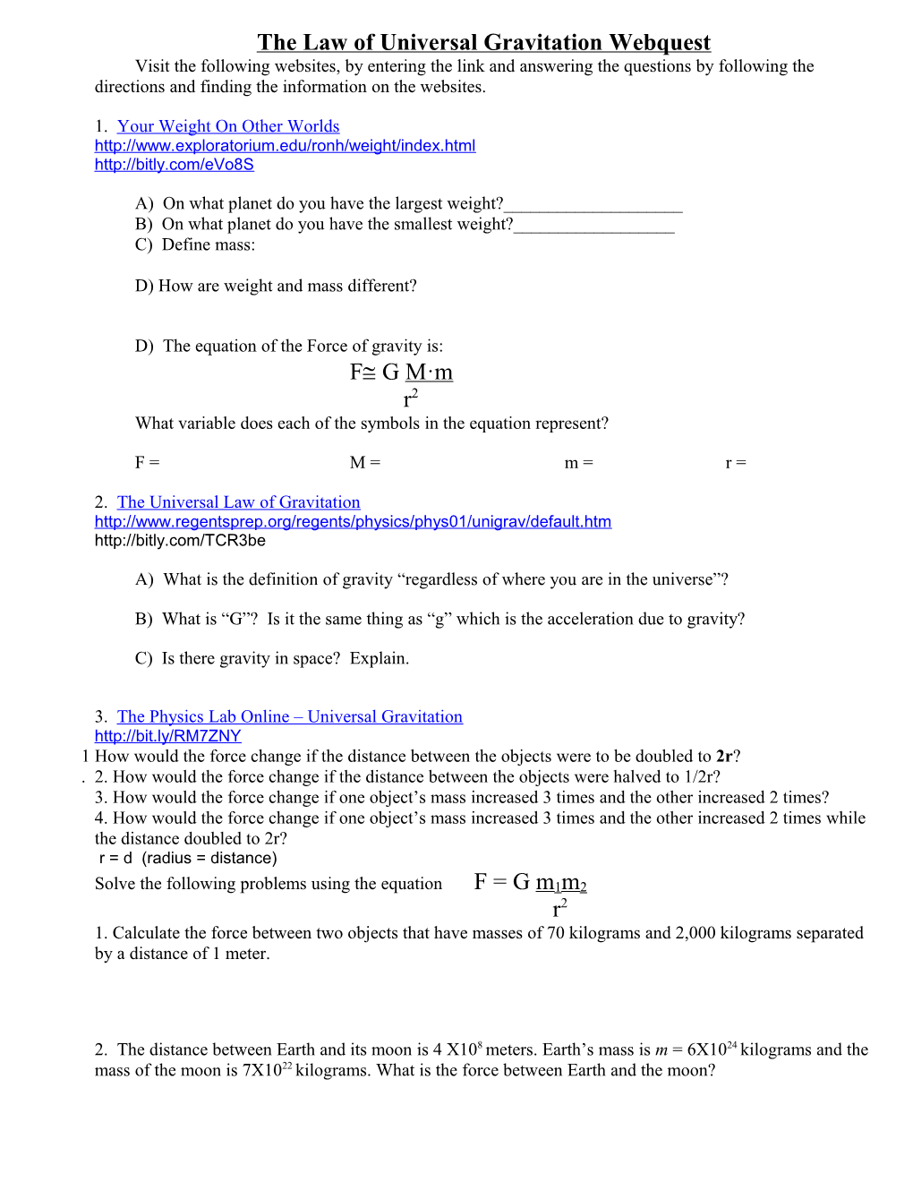 The Law of Universal Gravitation Webquest