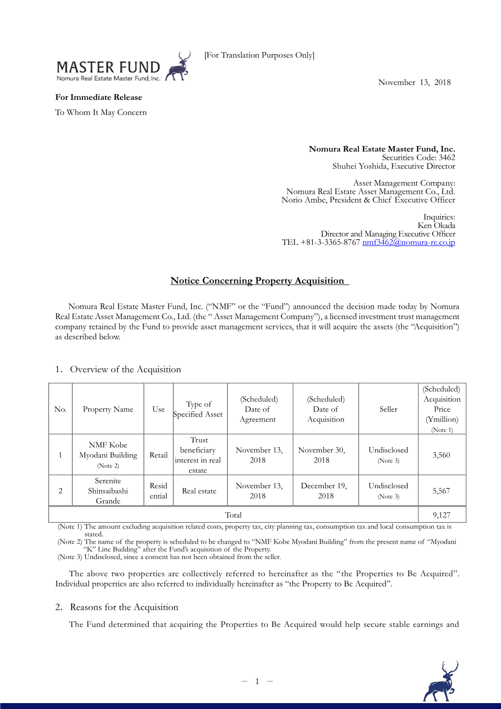 Notice Concerning Property Acquisition（NMF Kobe Myodani