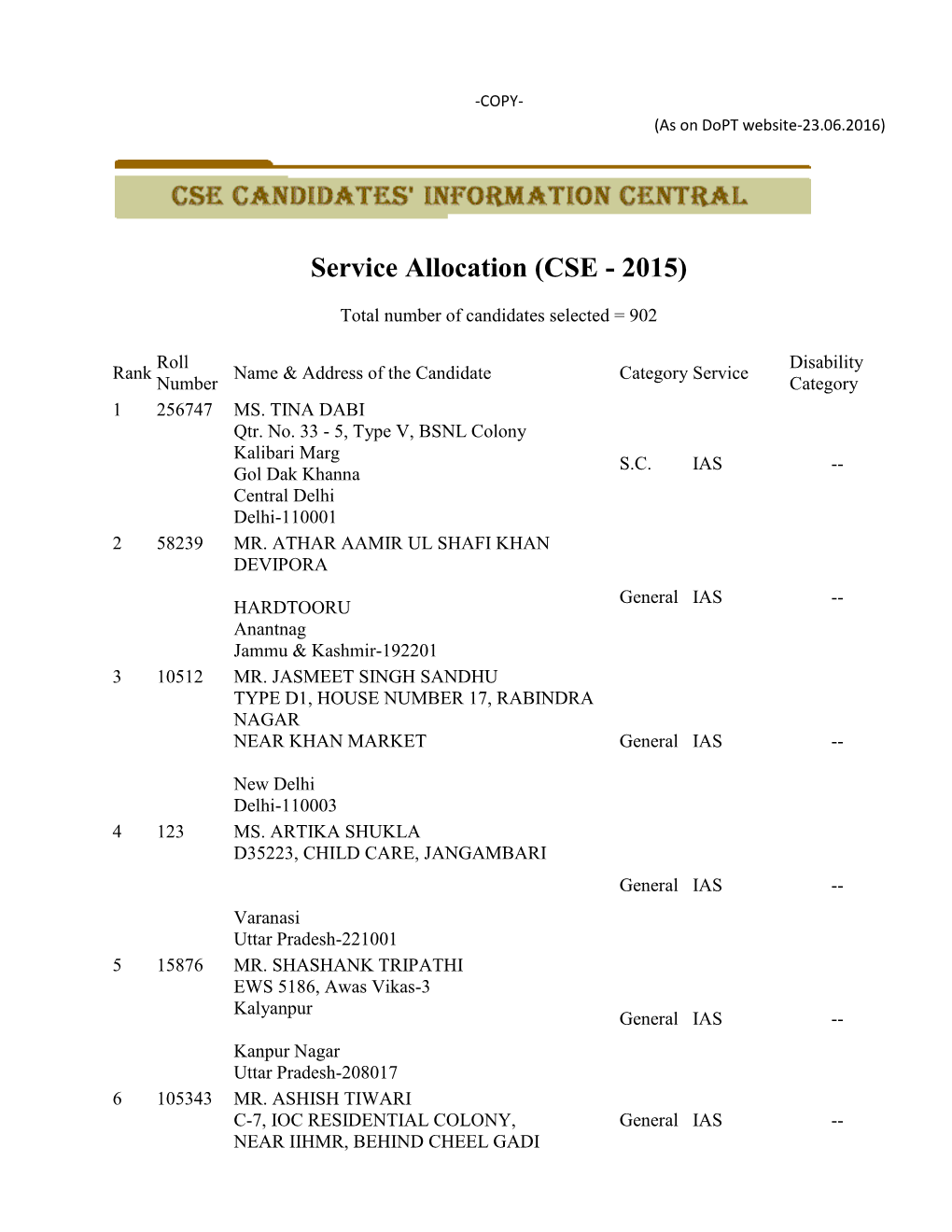 Service Allocation (CSE - 2015)