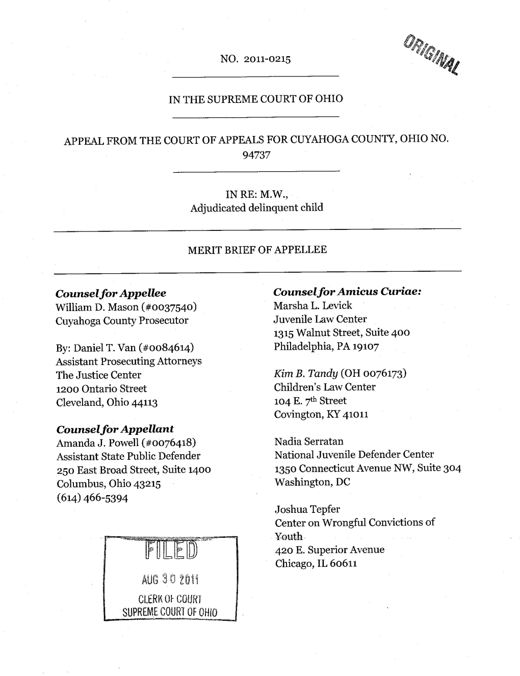 AUG 3 0 Toli CLERK of Cgilrt SUPREME COURT of OHI TABLE of CONTENTS