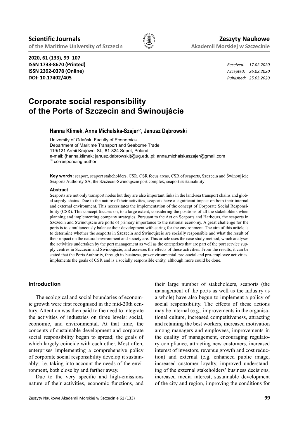 Corporate Social Responsibility of the Ports of Szczecin and Świnoujście