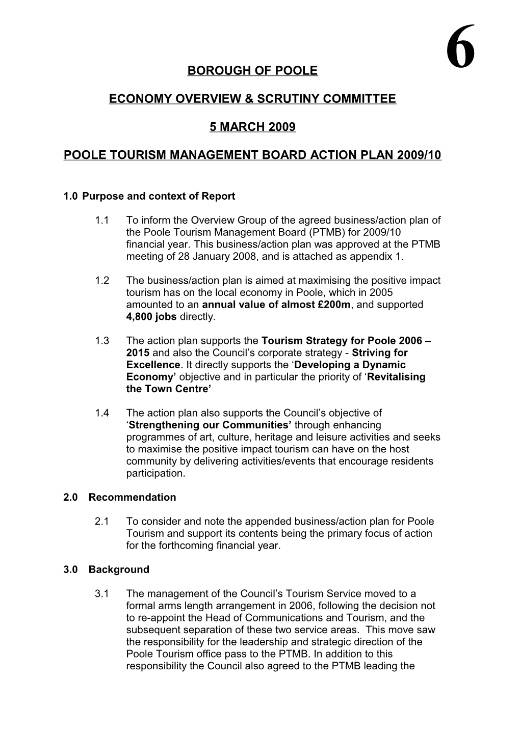 Poole Tourism Management Board Action Plan 2009/10