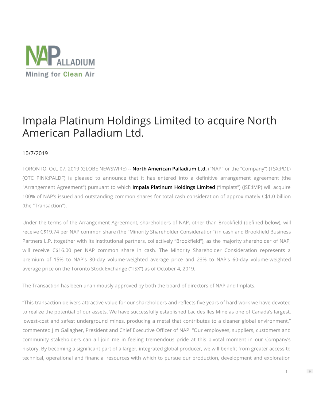 Impala Platinum Holdings Limited to Acquire North American Palladium Ltd