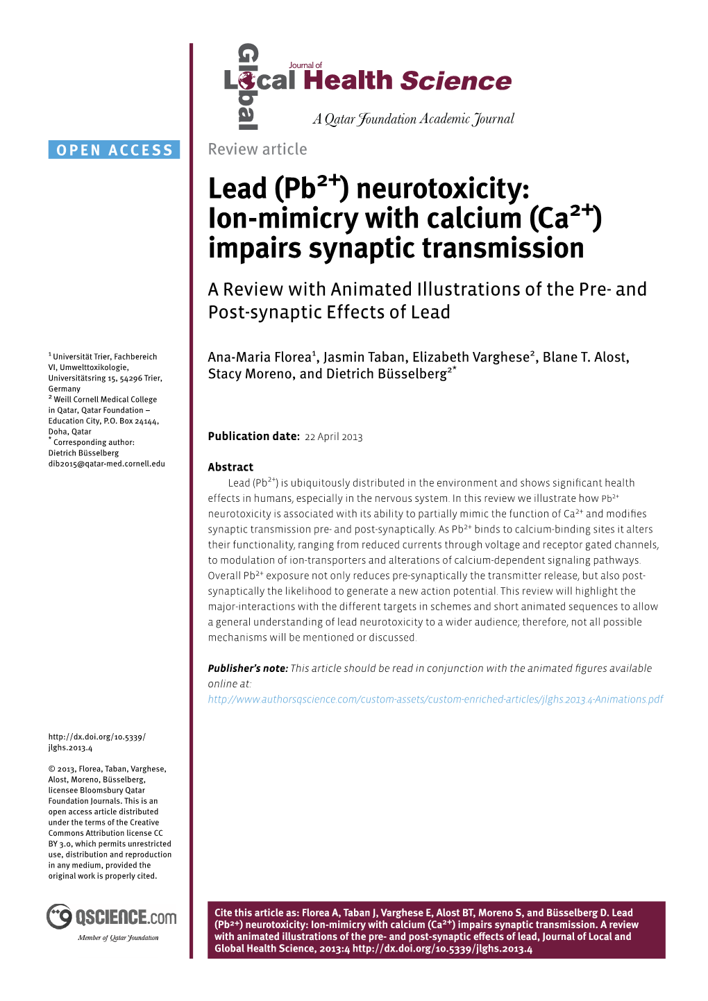 Lead (Pb ) Neurotoxicity: Ion-Mimicry with Calcium (Ca ) Impairs Synaptic