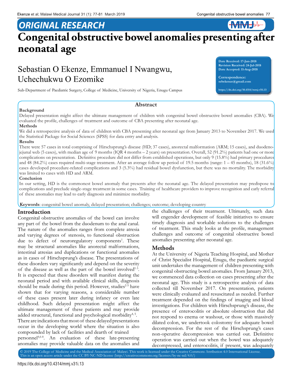 Congenital Obstructive Bowel Anomalies Presenting After Neonatal Age