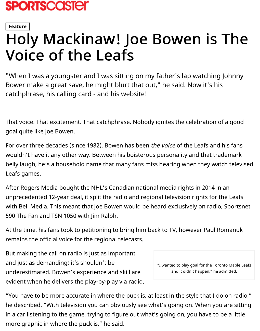Holy Mackinaw! Joe Bowen Is the Voice of the Leafs