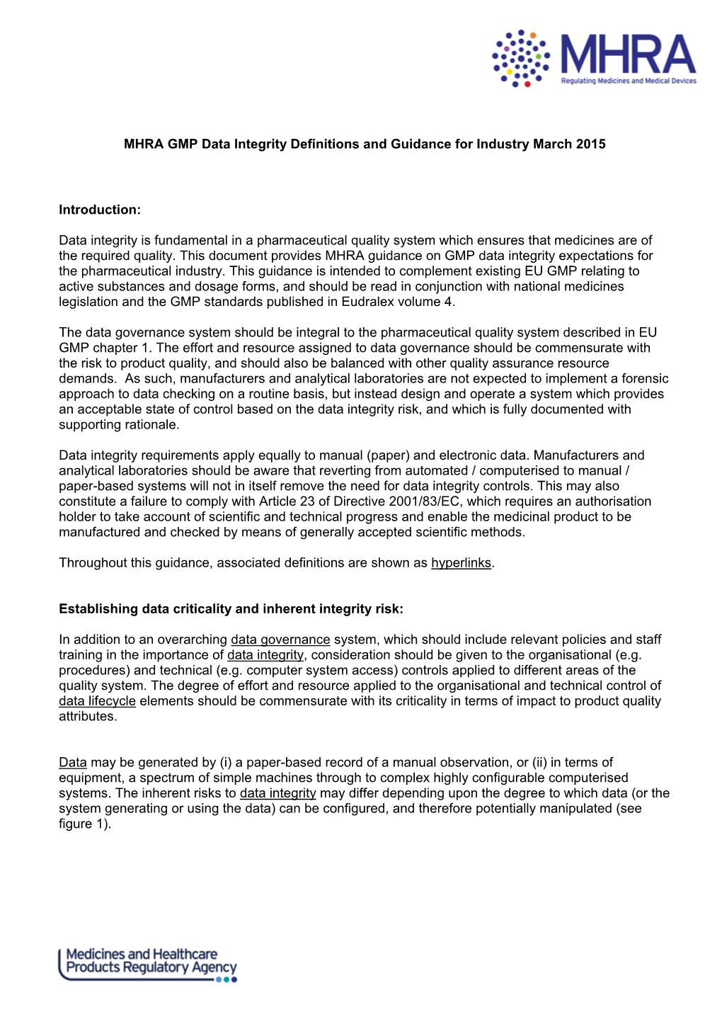 Data Integrity Definitions and Guidance for Industry March 2015