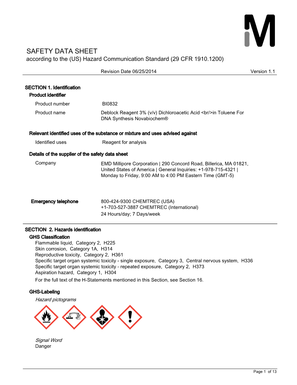 SAFETY DATA SHEET According to the (US) Hazard Communication Standard (29 CFR 1910.1200)