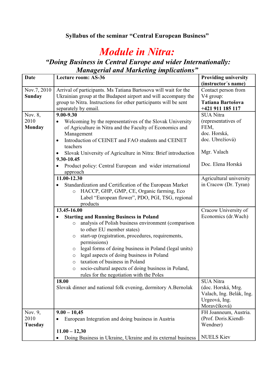 Syllabus of the Seminar Central European Business