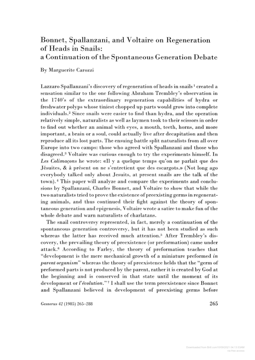 Bonnet, Spallanzani, and Voltaire on Regeneration of Heads in Snails: a Continuation of the Spontaneous Generation Debate