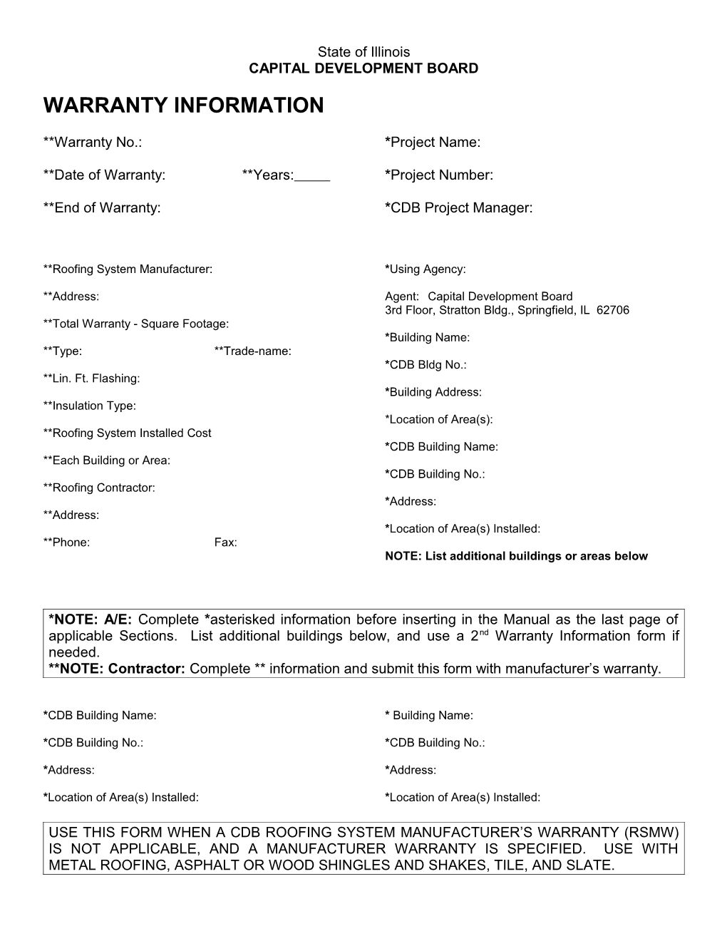 Warranty Information Form (For Non-RSMW Roof Warranties)