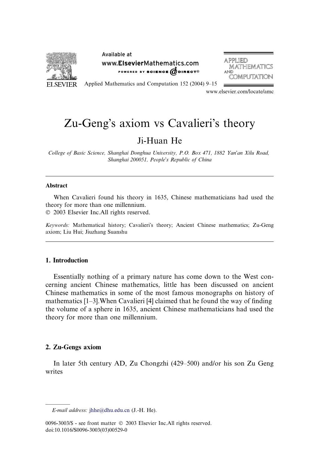 Zu-Geng's Axiom Vs Cavalieri's Theory