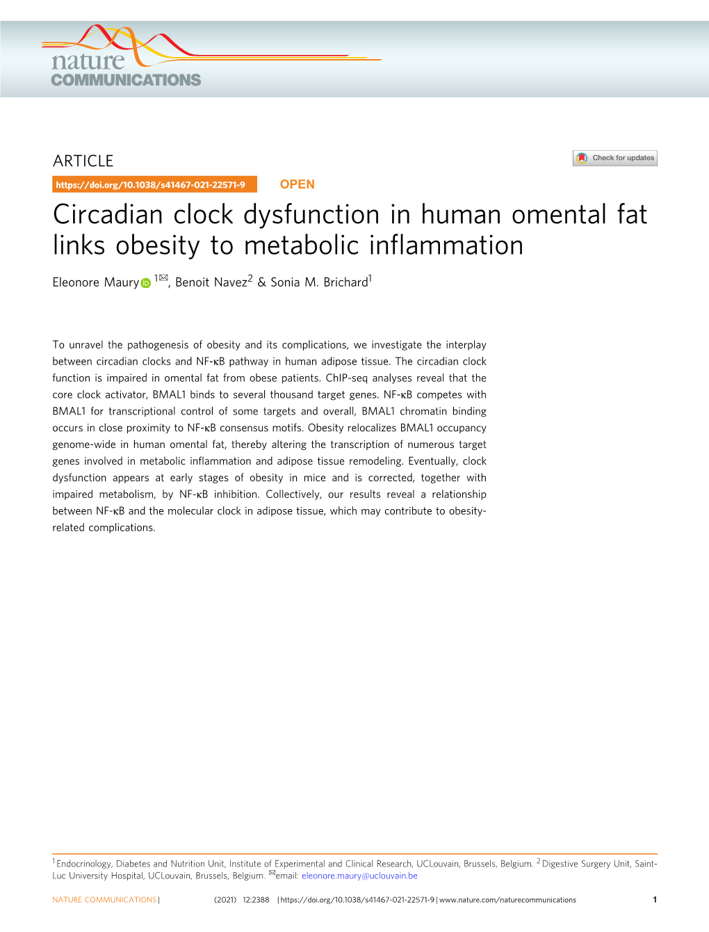 Circadian Clock Dysfunction in Human Omental Fat Links Obesity to Metabolic Inflammation